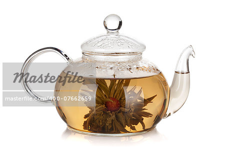 Glass teapot of aroma tea. Isolated on white background