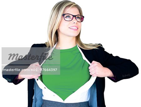 Businesswoman opening shirt in superhero style on white background