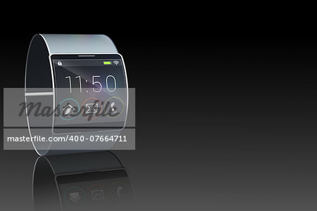 Futuristic black wristwatch with time and menu on black background
