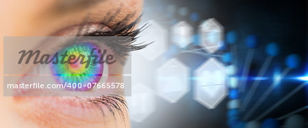 Psychedelic eye looking ahead on female face against medical icons in hexagons interface menu