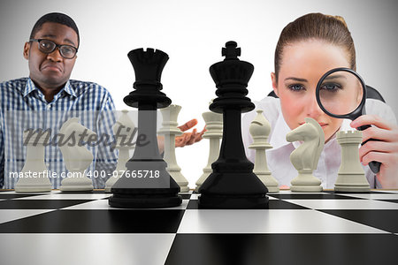 Composite image of business people with chessboard against white background with vignette