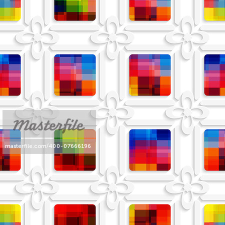 Abstract 3d geometrical seamless background. Colorful squares and white flowers cut out of paper effect.