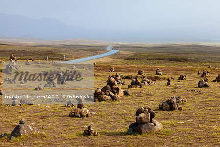 Rock stacks or cairns in southwestern Iceland