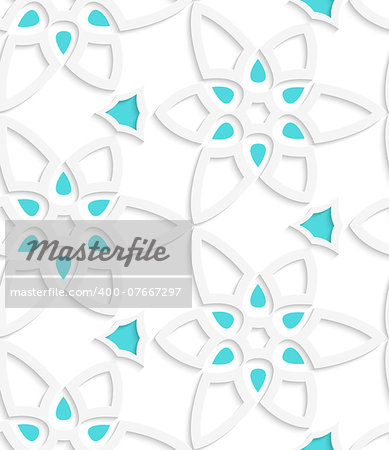 Abstract 3d geometrical seamless background. White floristic swirl lace pattern with blue with cut out of paper effect.