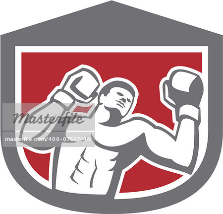 Illustration of a boxer wearing boxing gloves punching boxing set inside shield crest done in retro style on isolated background.