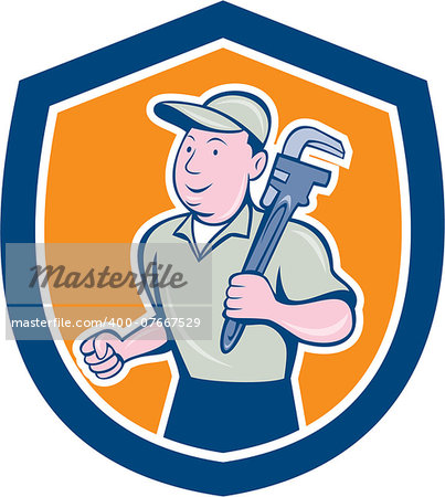 Illustration of a plumber holding monkey wrench on shoulder set inside shield crest done in cartoon style on isolated background.
