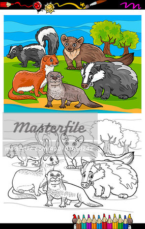 Coloring Book or Page Cartoon Illustration of Black and White Funny Mustelids Mammals Animals Characters Group for Children