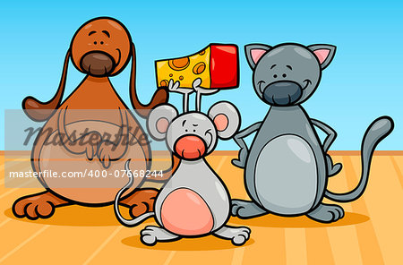 Cartoon Illustration of Cute Dog Cat and Mouse Pets Characters