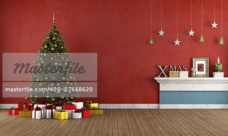 Red room with christmas tree and decoration -rendering