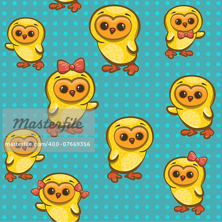 Seamless pattern with cartoon funny yellow chickens.