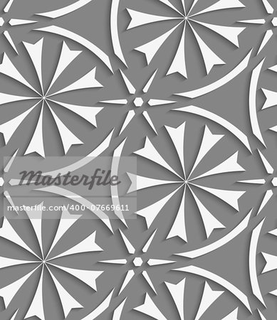 Abstract 3d geometrical seamless background. White geometrical flowers and stars with cut out of paper effect.