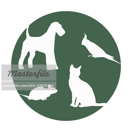 Silhouettes of of pets in a round frame. Vector illustration.