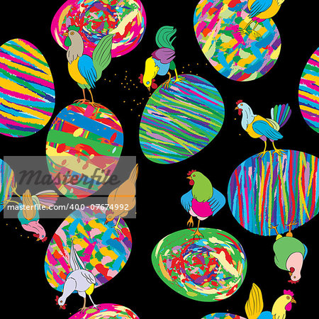 Colored eggs, hens and roosters seamless pattern, hand drawn illustration of a beautiful Easter background over black