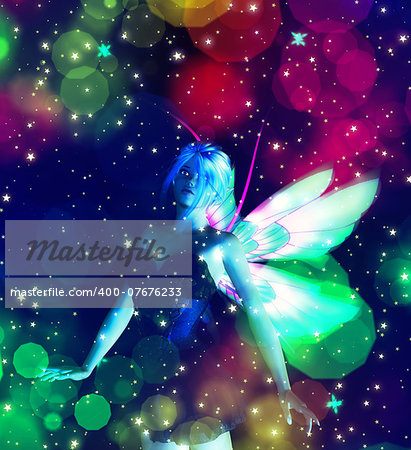 Abstract illustration with fairy and glowing stars background.