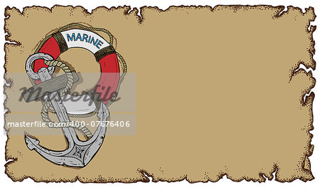 marine theme, old parchment with anchor and lifebuoy, this illustration may be useful as designer work