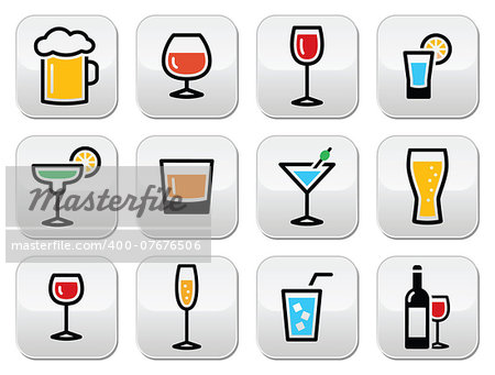 Beverages different types in glasses vector buttons set isolated on white