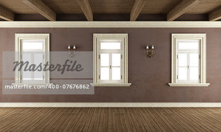 Old room with three windows,wooden ceiling and brown wall-rendering
