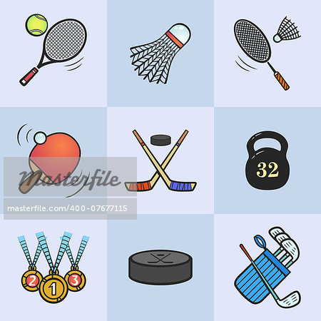 Collection of sport icons. Colored vector sport equipment. Vector icons set isolated on light blue background.