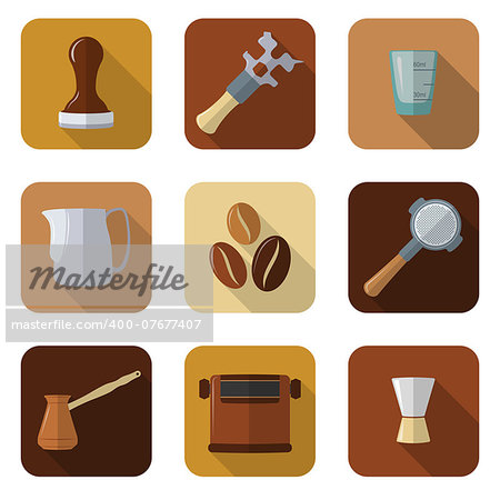 flat design coffee barista equipment icons set