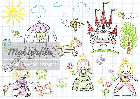 Vector sketches with happy little princesses. Sketch on notebook page