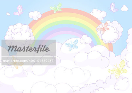 Flying butterflies against the backdrop of the beautiful sky with rainbow