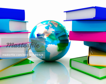 Colorful books and earth on a white background