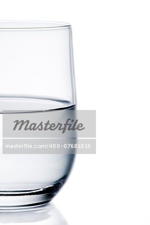 half glass of pure water with space for text on white background