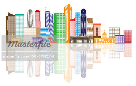 Singapore City Skyline Silhouette Outline Panorama Color with Reflection Isolated on White Background Illustration