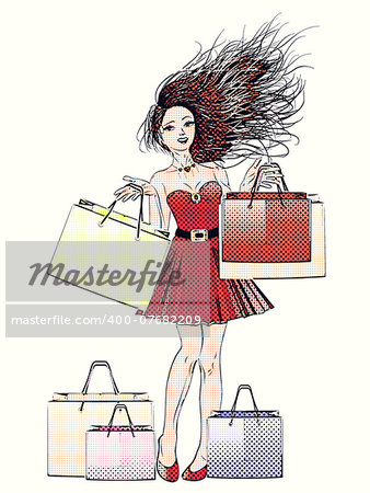 Cartoon woman in red dress with shopping bags in retro halftone style.