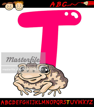 Cartoon Illustration of Capital Letter T from Alphabet with Toad Animal for Children Education