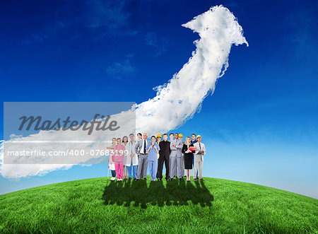 Composite image of smiling group of people with different jobs  against cloud arrow