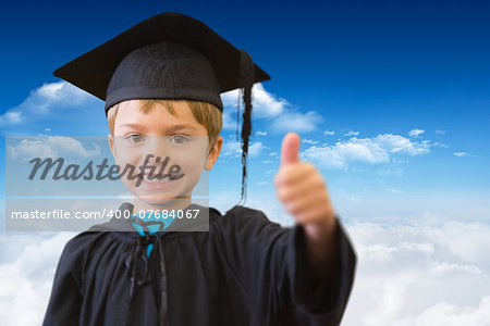 Cute pupil in graduation robe against bright blue sky with clouds