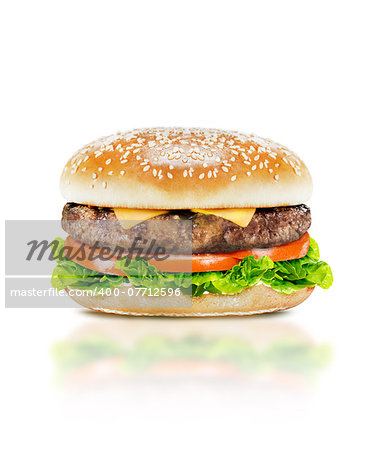 Delicious burger with beef, tomato, cheese and lettuce on white background with clipping path.