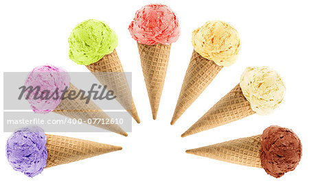 Set of colorful Ice cream with cone on white background with clipping path.