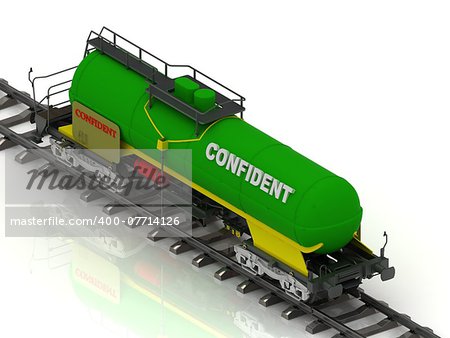 Railway wagon of the wanted colour with white inscription Confident shiny coach tank stands on spare on railroad fetter
