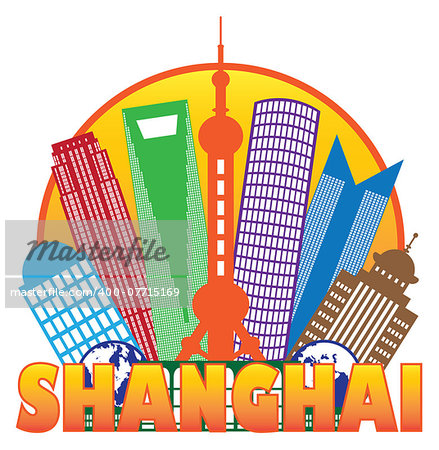 Shanghai China City Skyline Outline Silhouette in Circle Color Isolated on White Background Illustration