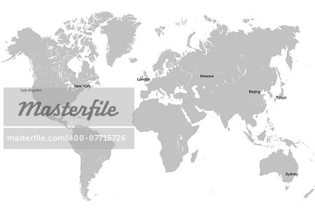 Grey world map isolated on white background with main capital cities. Global business concept.