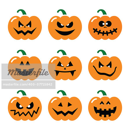 Celebrating Halloween - pumpkin with scary faces icons set isolated on white