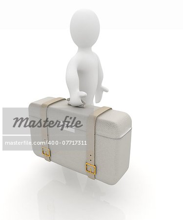 Leather suitcase for travel with 3d man on a white background