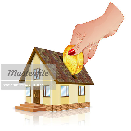 Real Estate Concept - House with Woman Hand and Gold Coin, vector isolated on white background