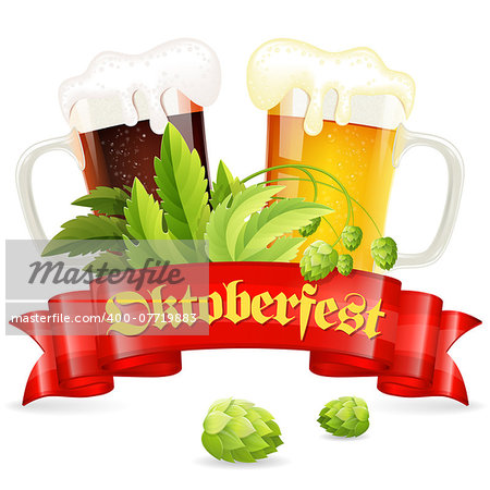 Oktoberfest Poster with Hop, Glasses of Beer and Red Ribbon, vector isolated on white background