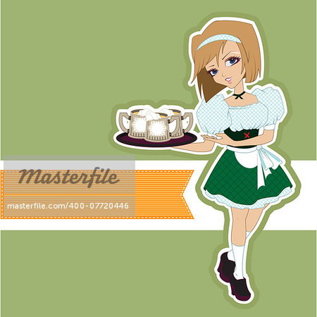 German girl waitress carries beer at Oktoberfest. Vector cartoon illustration