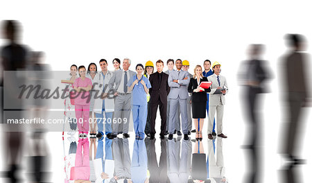 Smiling group of people with different jobs with silhouettes of business people