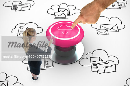 Businesswoman pointing somewhere against white graphic background