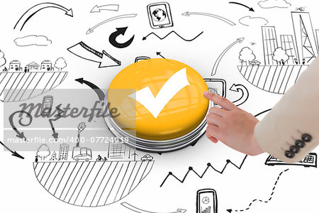 Businesswoman pointing against tick symbol on white graphic background