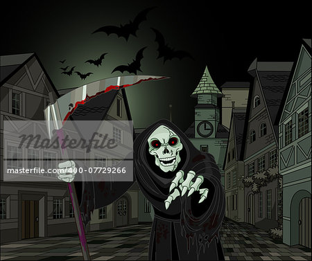 Halloween horrible Grim Reaper on cityscape background