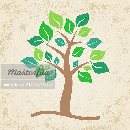 Brown tree with green leaves on grunge background
