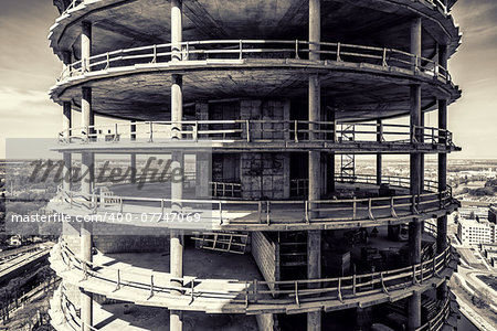 High-rise building under construction, black and white image