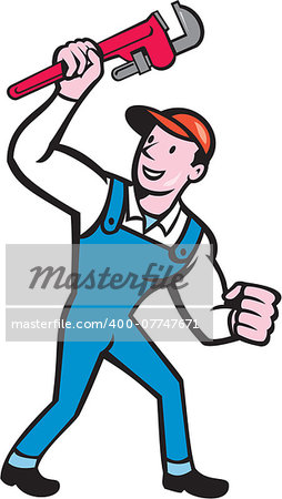 Illustration of a plumber standing holding monkey wrench on isolated white background done in cartoon style.