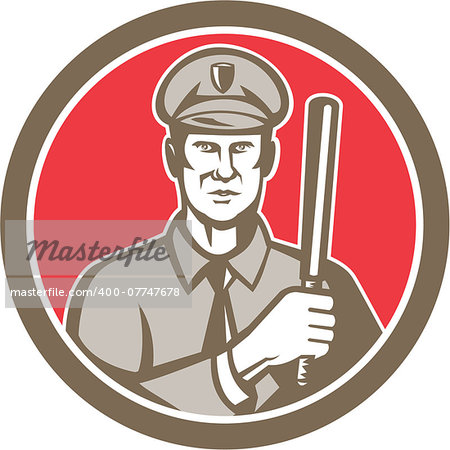 Illustration of a policeman police officer with night stick baton facing front set inside circle on isolated background done in retro style.